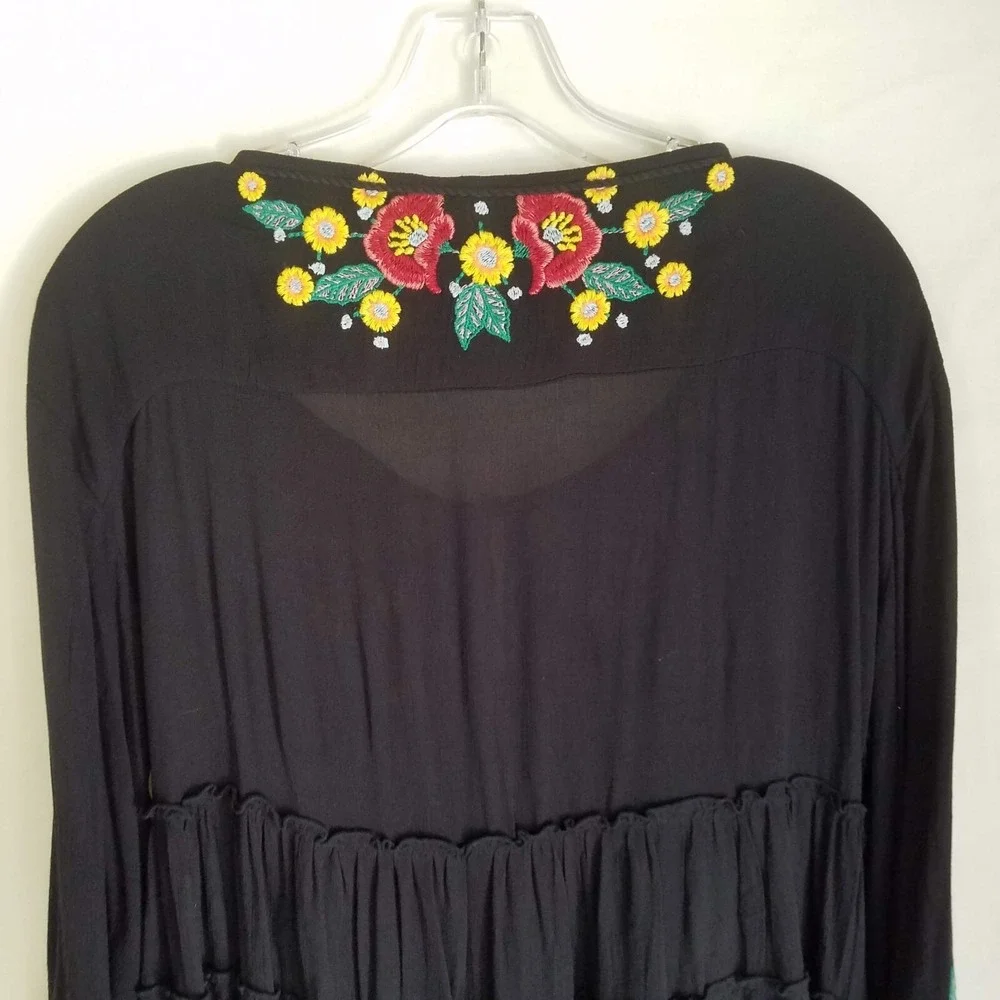 Free People Womens Boho Black Floral Embroidered Long Sleeve Mini Dress Size XS‎